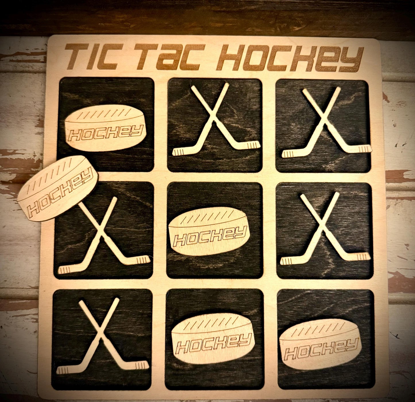 Tic Tac Hockey Wood Game | Goalie Edition | Laser Engraved | 12 Finishes
