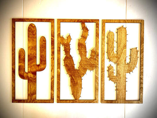 Saguaro Cactus Wood Wall Art | 3-Panel Set | Multiple Sizes & Finishes