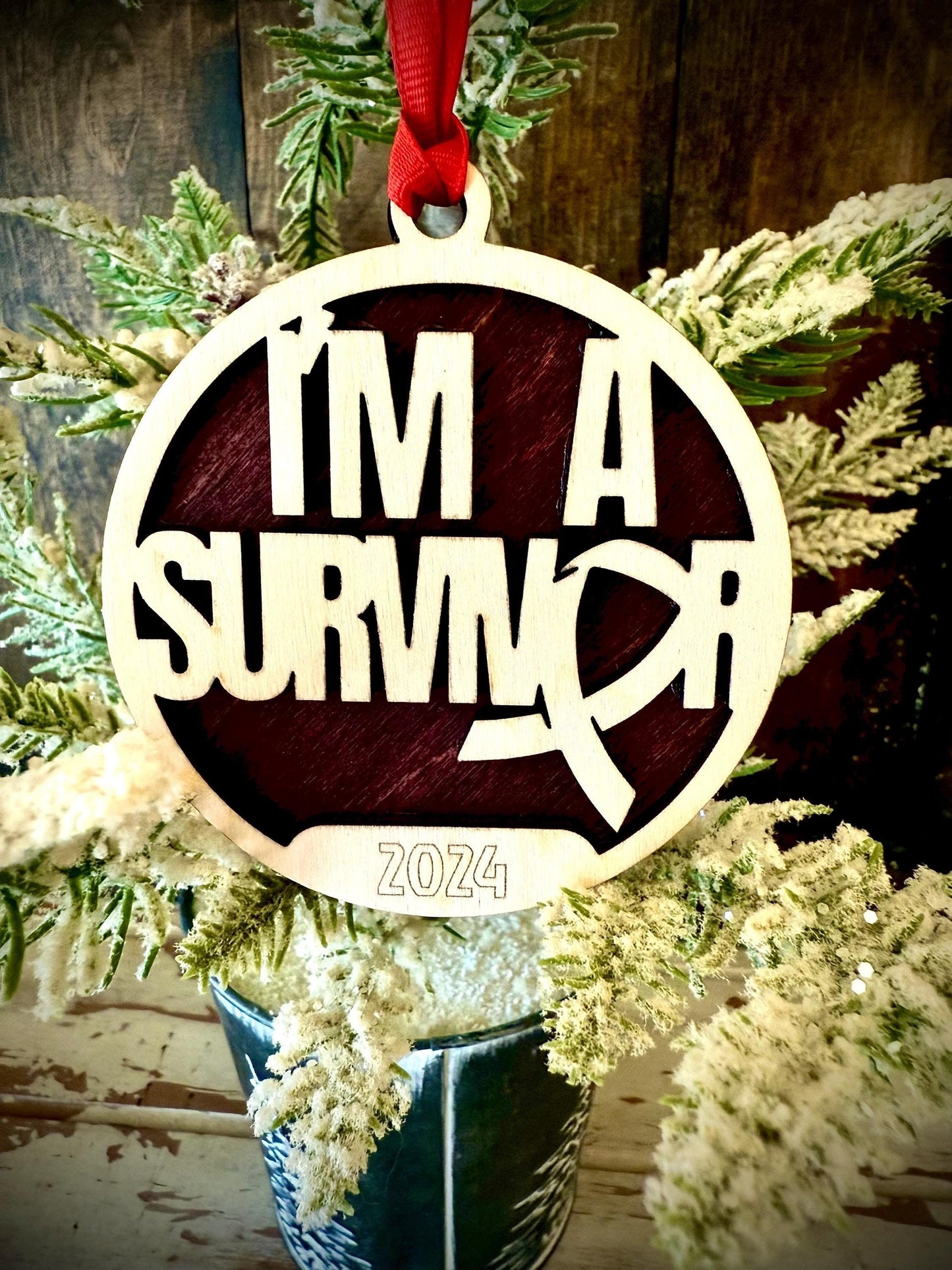 I'm a Survivor Cancer Ribbon Personalized 2-Layer Wood Christmas Ornament & Gift Tag | Multiple Finishes | Cancer Awareness Gift