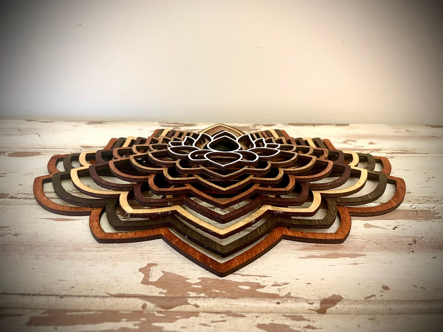 Boho Lotus Flower Mandala Stacked 3D Wood Table & Wall Art | 8 Layers | Brown or Gray Tones