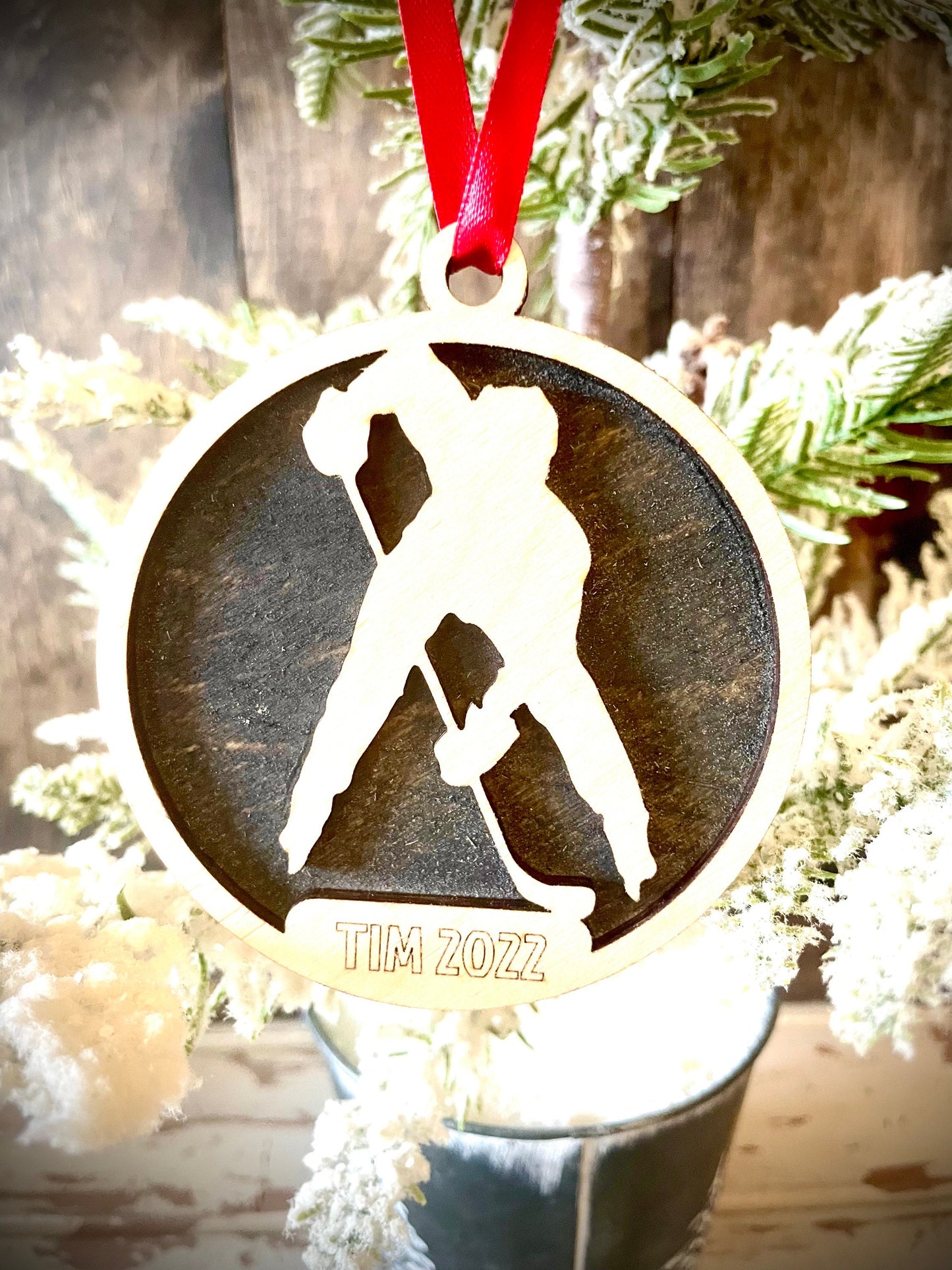Hockey Player Skater Personalized 2-Layer Wood Christmas Ornament & Gift Tag | Multiple Finishes | Hockey Gift (#8)