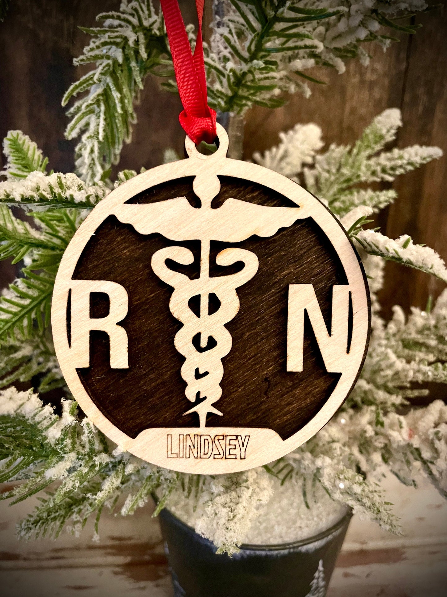 RN Nurse Personalized 2-Layer Wood Christmas Ornament & Gift Tag | Multiple Finishes | Nurse Gift