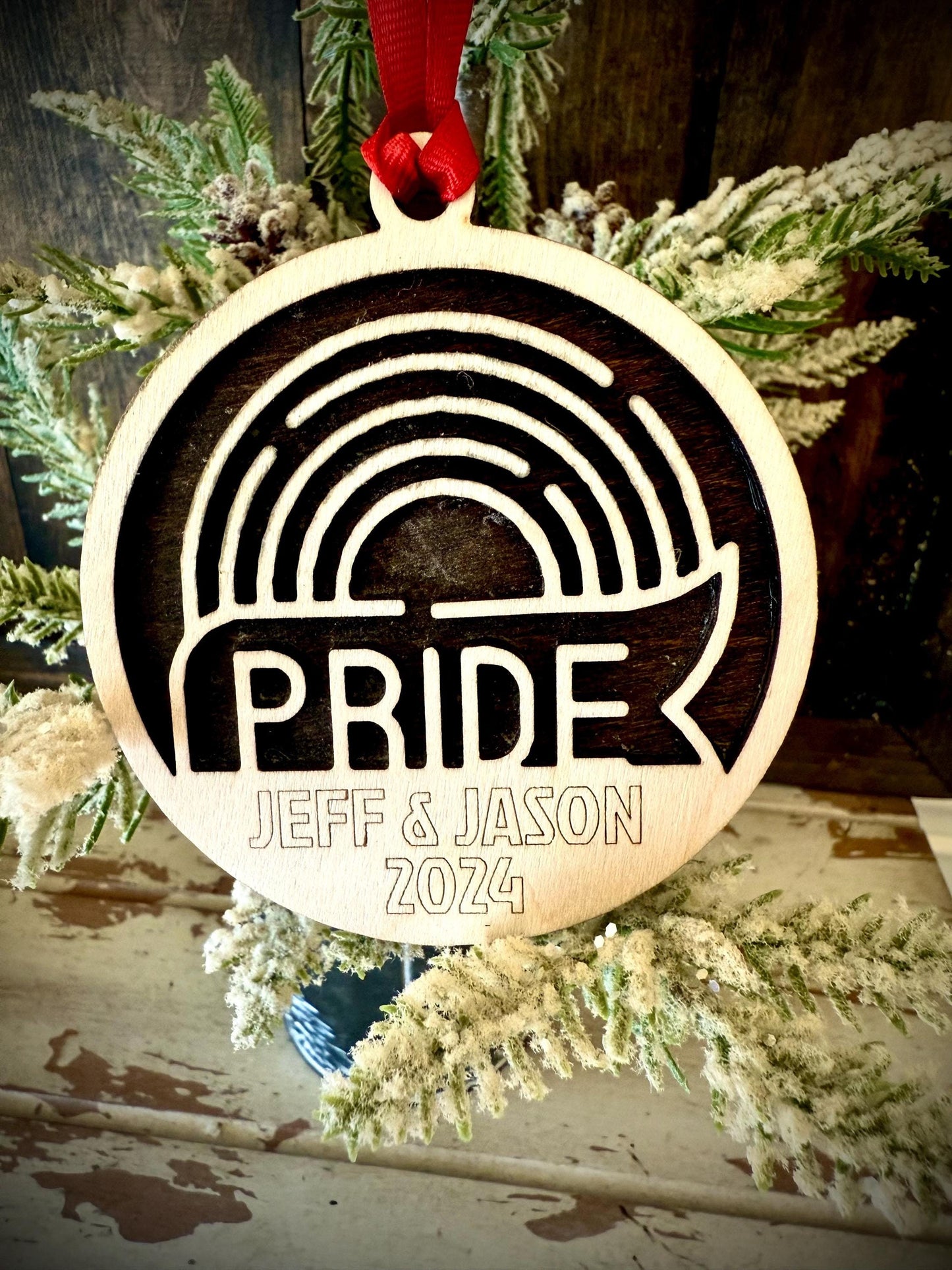 Pride Rainbow Personalized 2-Layer Wood Christmas Ornament & Gift Tag | Multiple Finishes | Pride Gift