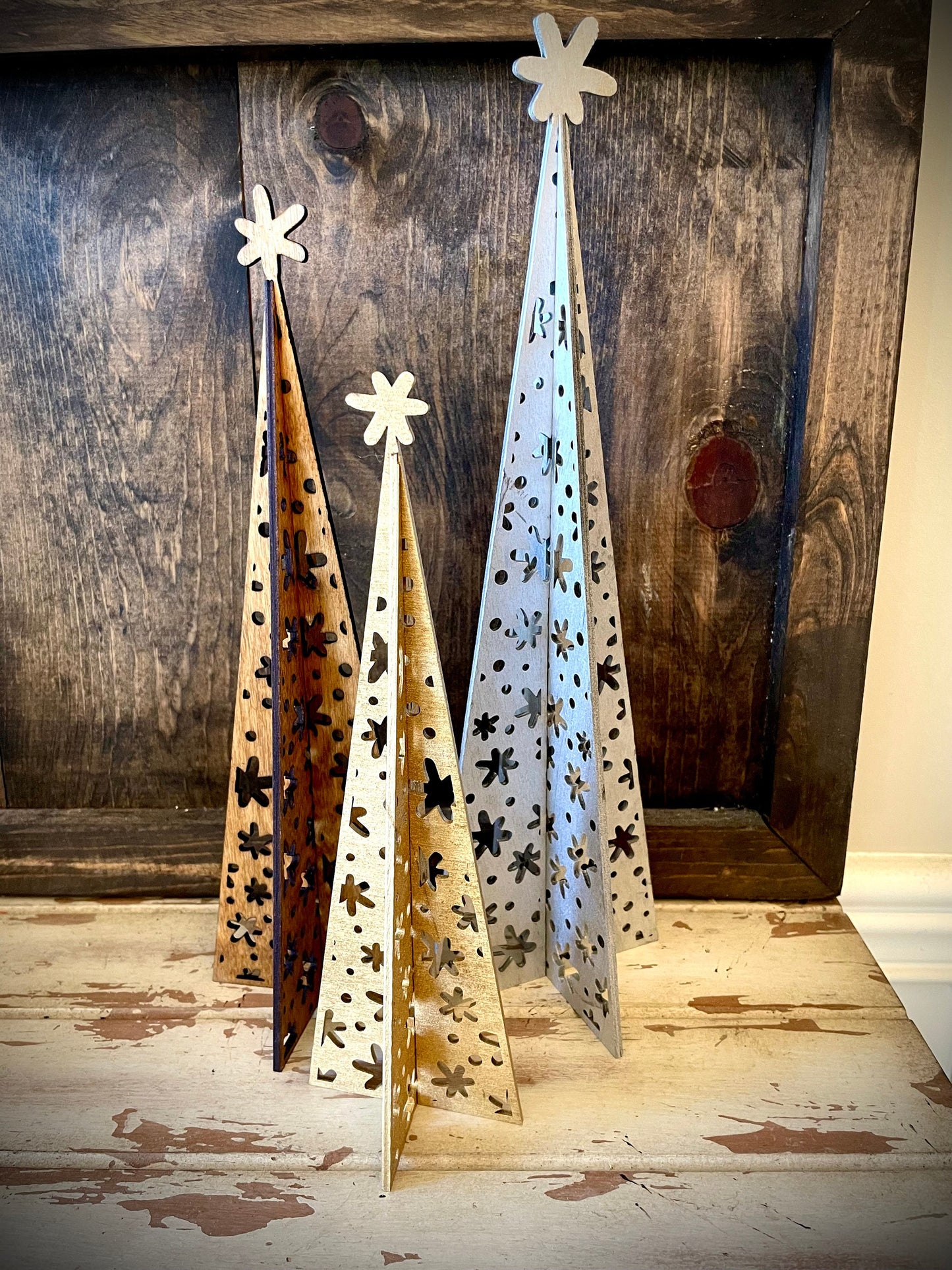 3D Snowflake Pine Tree Wood Tabletop Decor | 3 Sizes, 14 Finishes