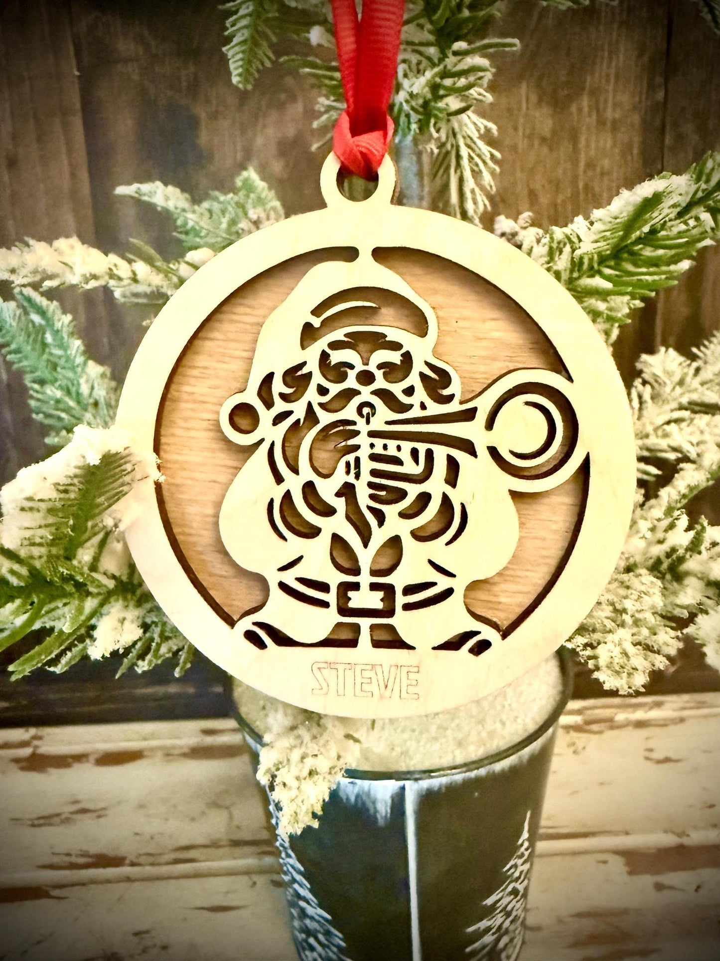 Santa Trumpet Player Personalized 2-Layer Wood Christmas Ornament & Gift Tag | Multiple Finishes | Music Gift
