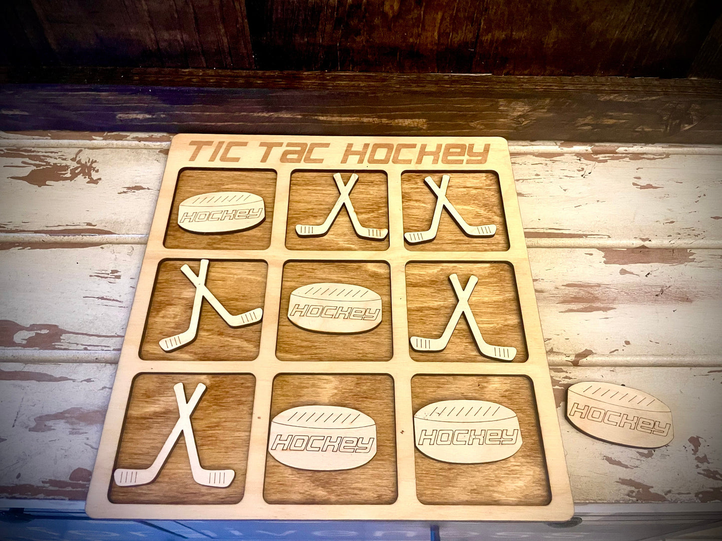 Tic Tac Hockey Wood Game | Laser Engraved | 12 Finishes | Hockey Gift