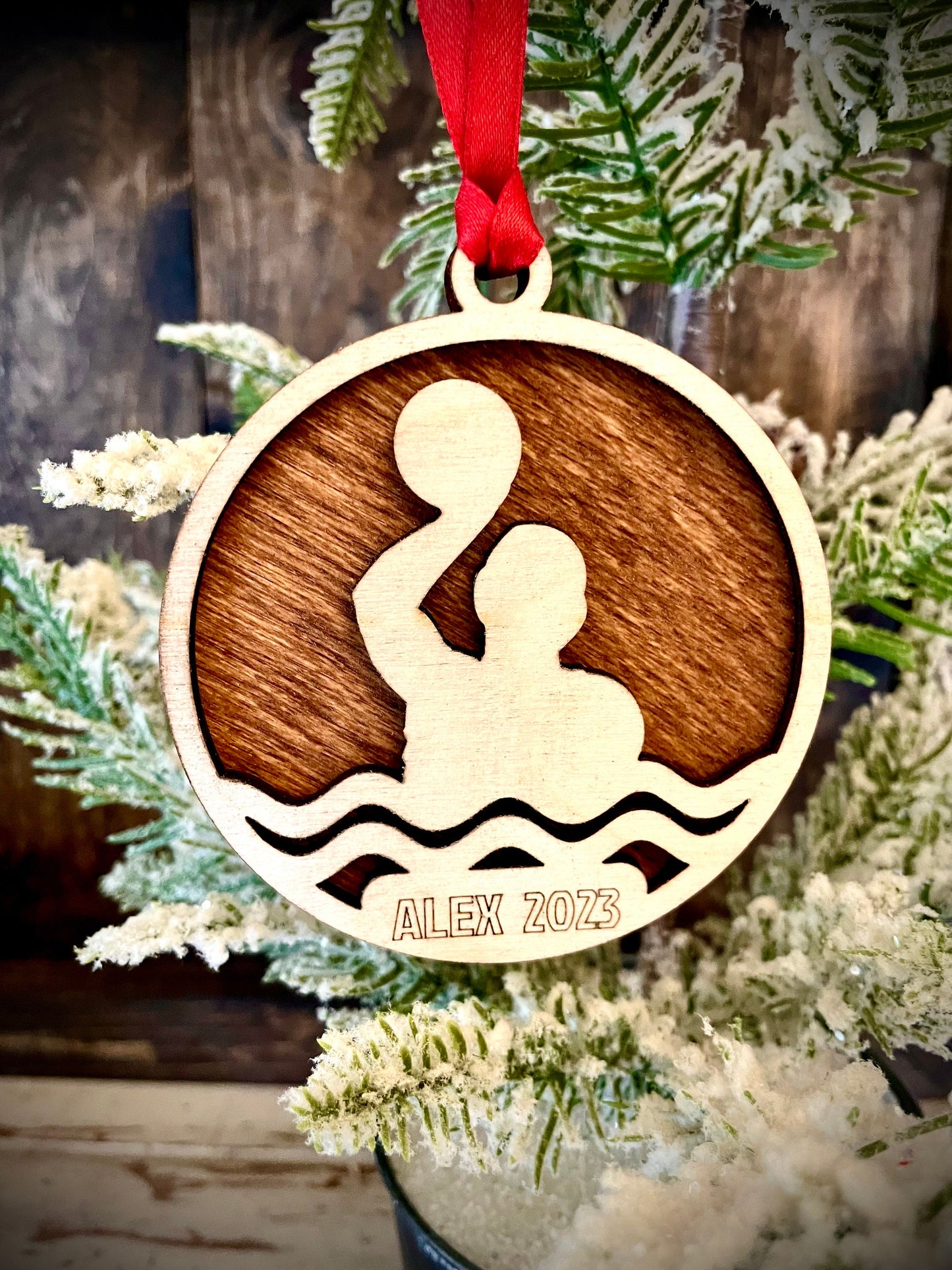 Water Polo Swimmer Personalized 2-Layer Wood Christmas Ornament & Gift Tag | Multiple Finishes | Sports Gift (#4)