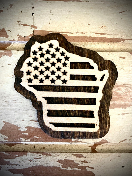 Wisconsin US Flag 2-Layer Wood Refrigerator Magnet | 12 Finishes | Patriotic Gift