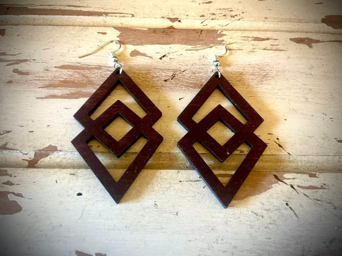 Diamond Art Deco Wood Dangle Earrings | 3 Sizes, 12 Finishes