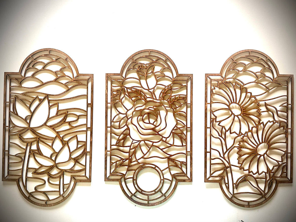 Flower Stained Glass Style Wood Wall Art | 3-Panel Set | Multiple Finishes