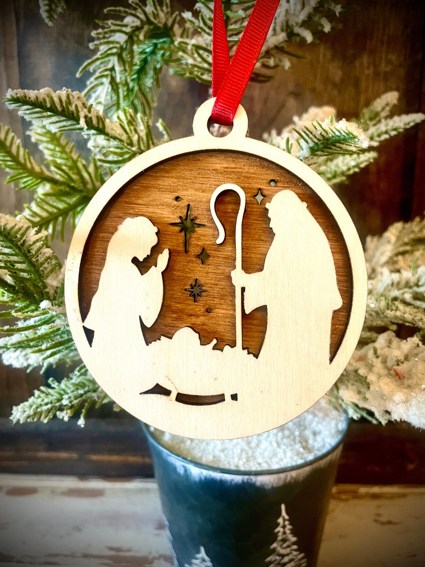 O Holy Night Nativity Baby Jesus Mary & Joseph 2-Layer Wood Christmas Ornament & Gift Tag | Multiple Finishes | Religious Gift