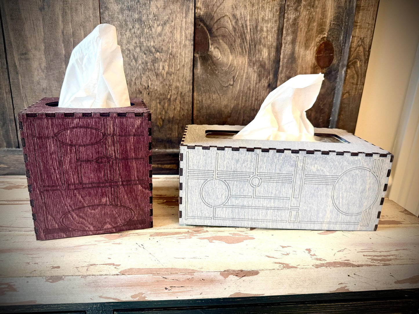Art deco tissue box cover available in square, oblong, or Costco oblong configurations available in 12 finishes set E