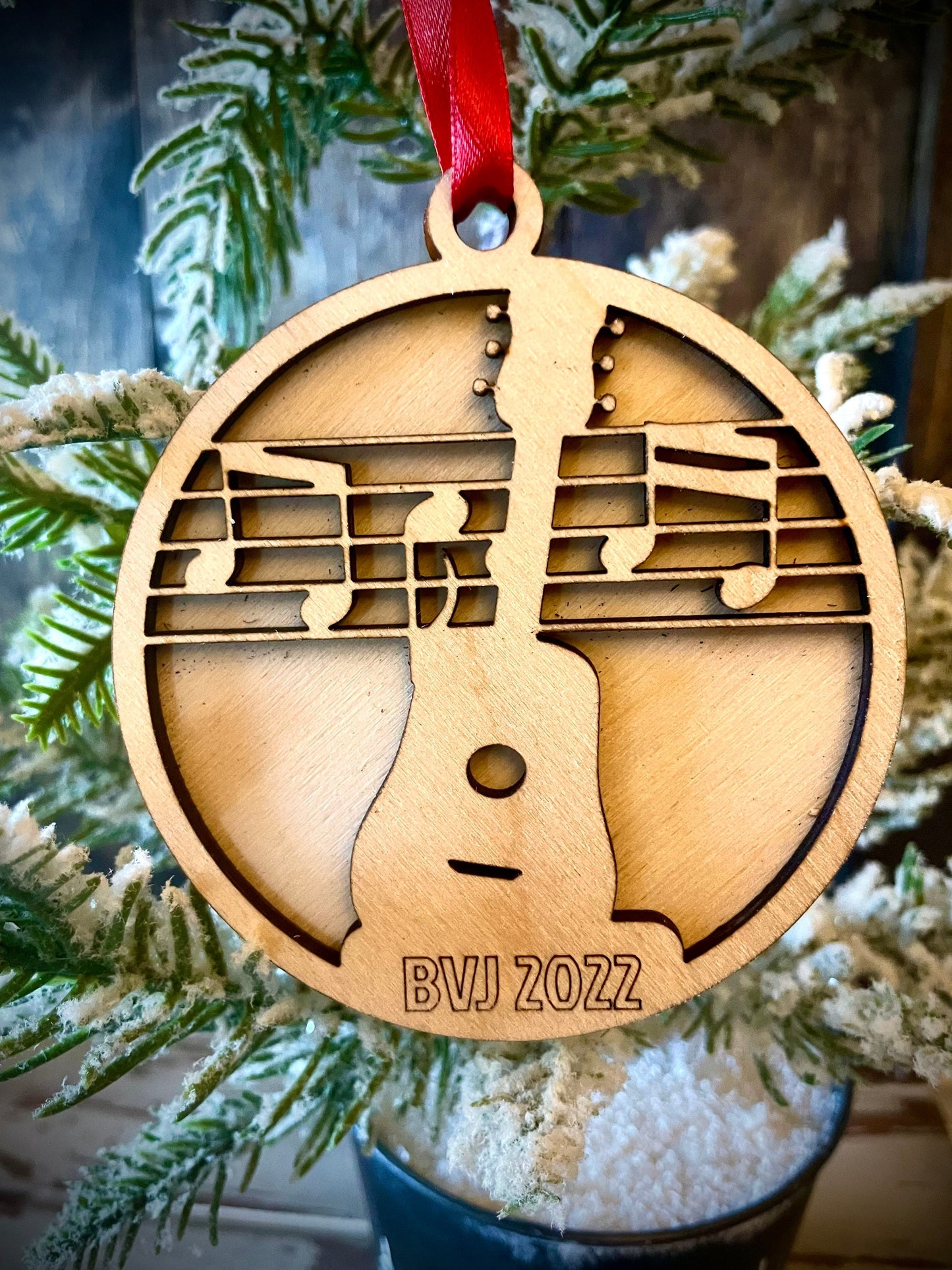Acoustic guitar 2-layer personalized laser cut wood Christmas ornament, gift tag available unfinished or stained