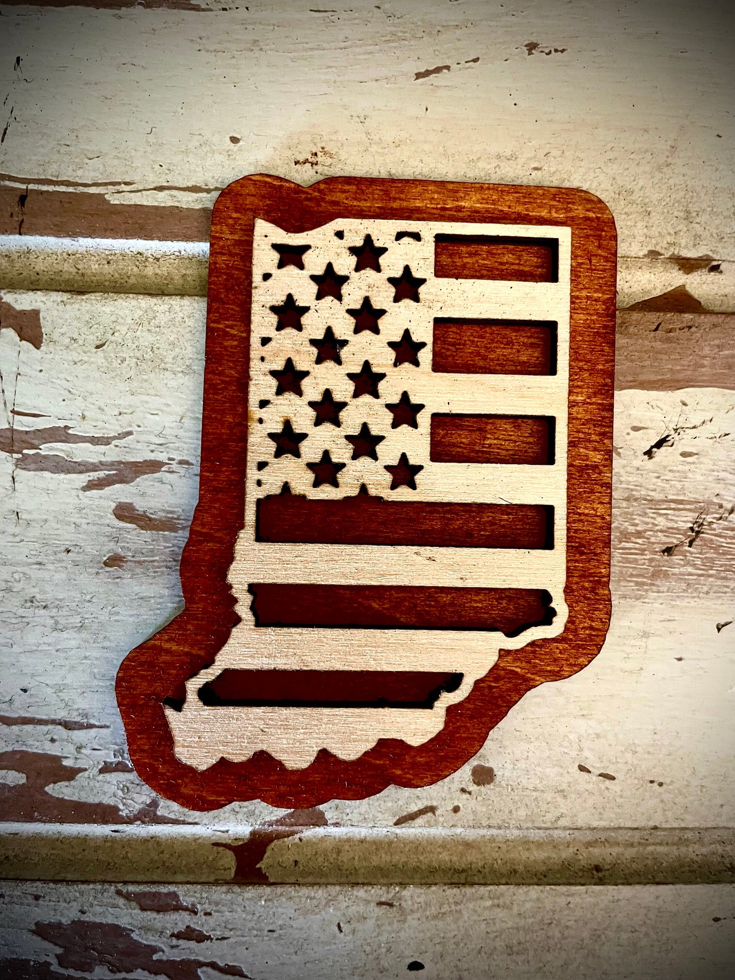 Indiana US Flag 2-Layer Wood Refrigerator Magnet | 12 Finishes | Patriotic Gift