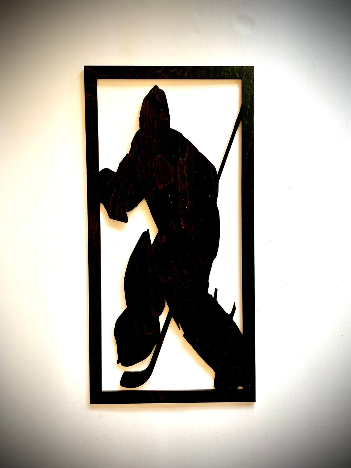 Hockey Goalie wood wall art 3-panel set, single panel portrait view