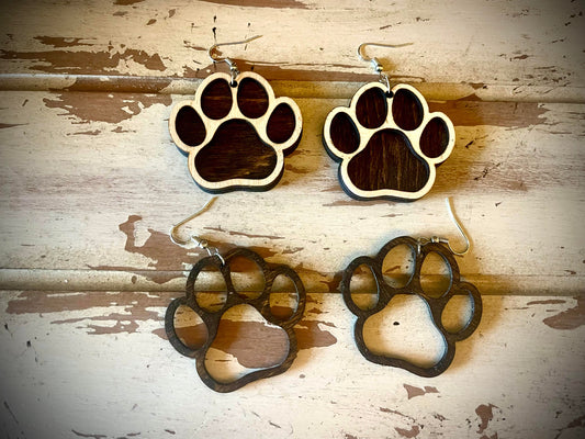 Dog Paw Wood Dangle Earrings | Single or Double Layer | 3 Sizes, 12 Finishes