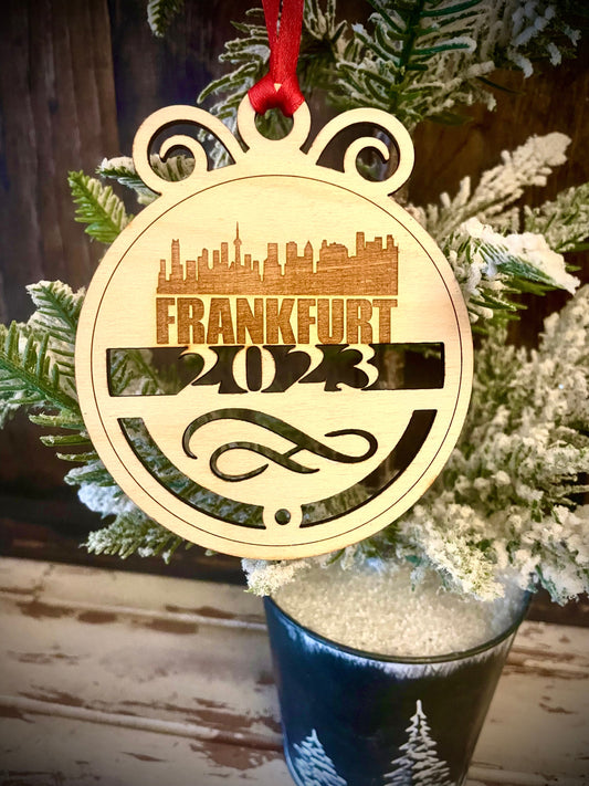 Frankfurt Skyline Wood Ornament | Choice of Year | 4" x 4.75" | Travel Souvenir Gift