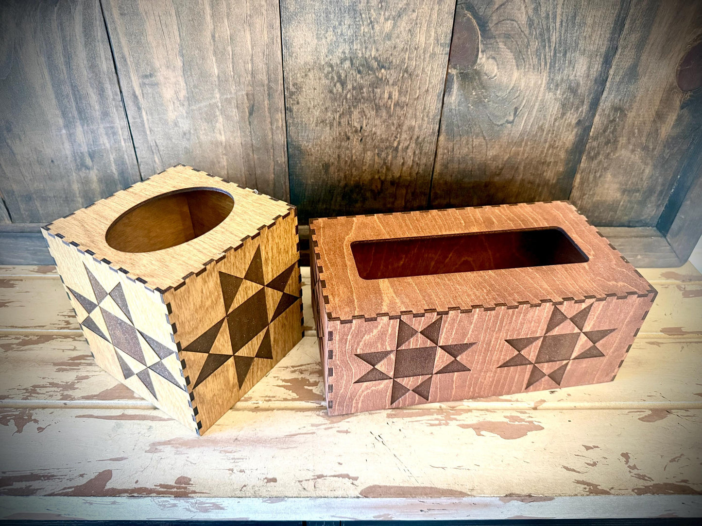 Quilt Pattern Engraved Wood Tissue Box Cover | Square, Oblong & Costco Sizes | 12 Finishes