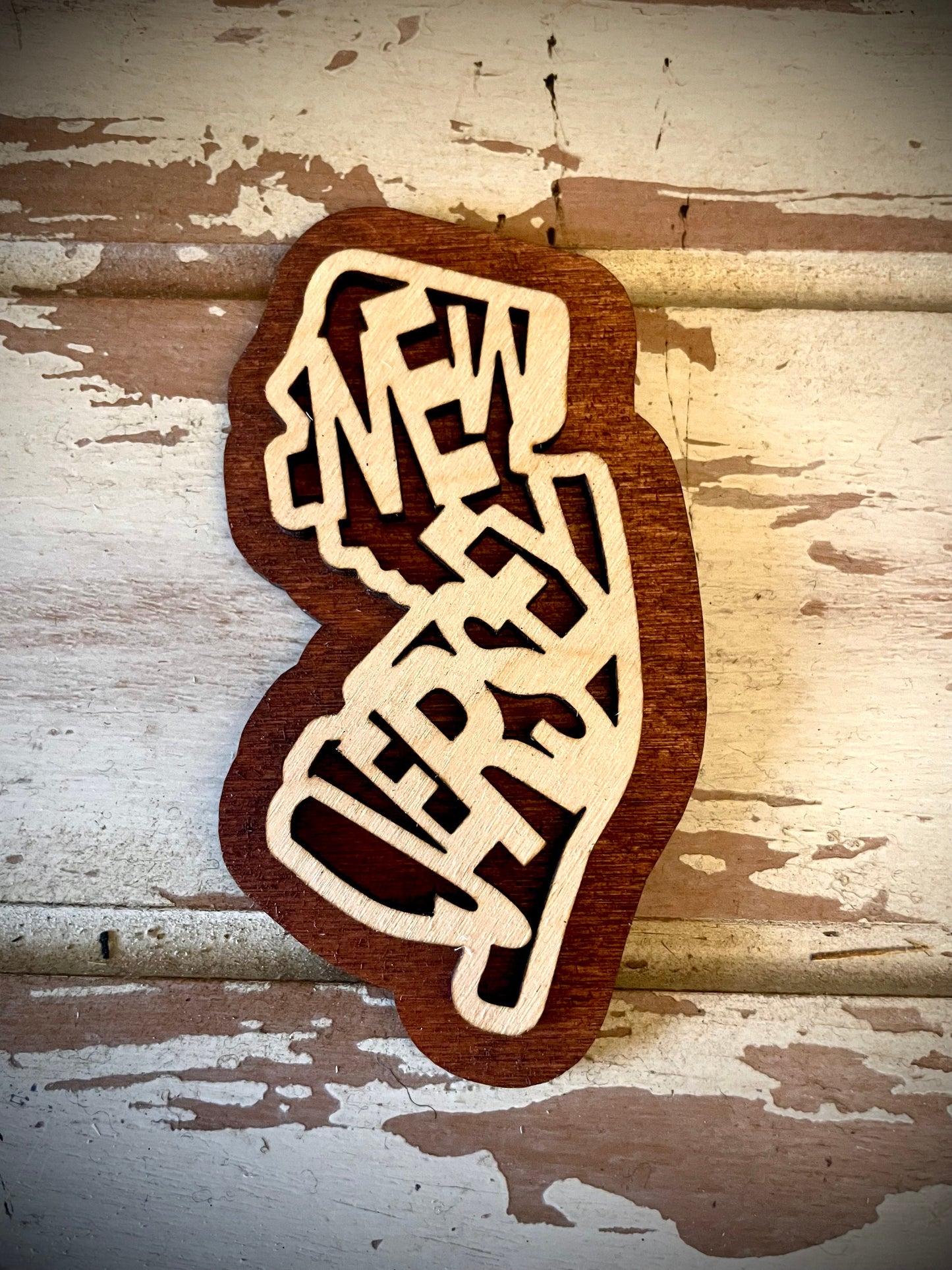 New Jersey Word Art 2-Layer Wood Refrigerator Magnet | 12 Finishes | State Pride Gift
