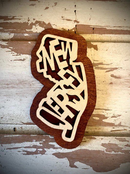 New Jersey Word Art 2-Layer Wood Refrigerator Magnet | 12 Finishes | State Pride Gift