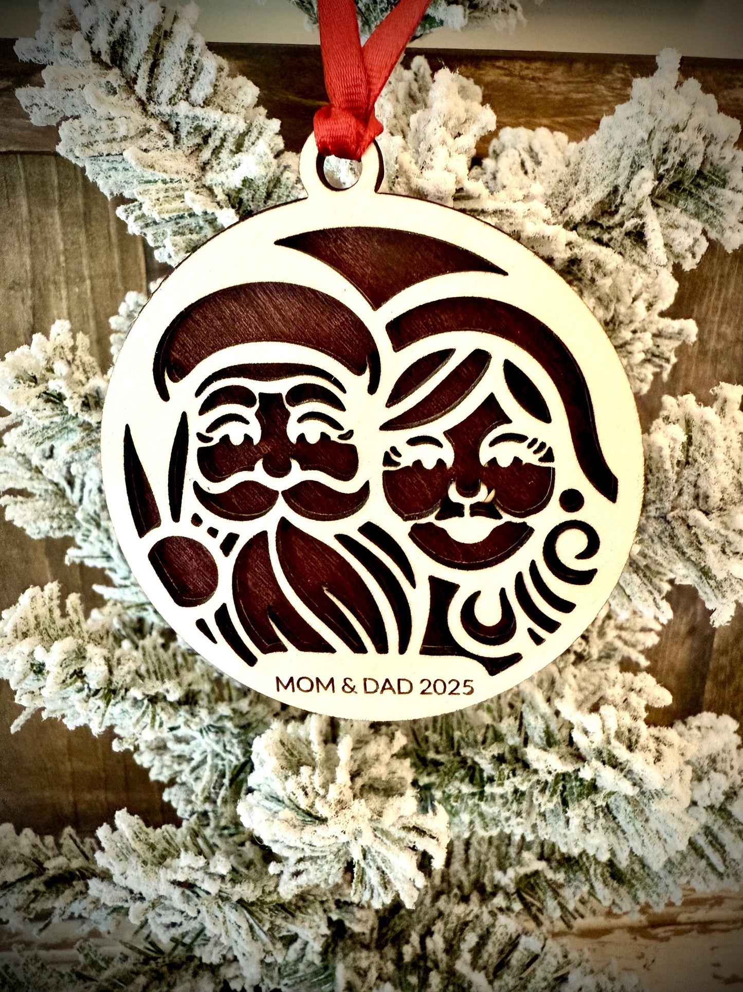 Santa & Mrs. Claus Closeup Personalized 2-Layer Wood Christmas Ornament & Gift Tag | Multiple Finishes | Holiday Gift (#2)