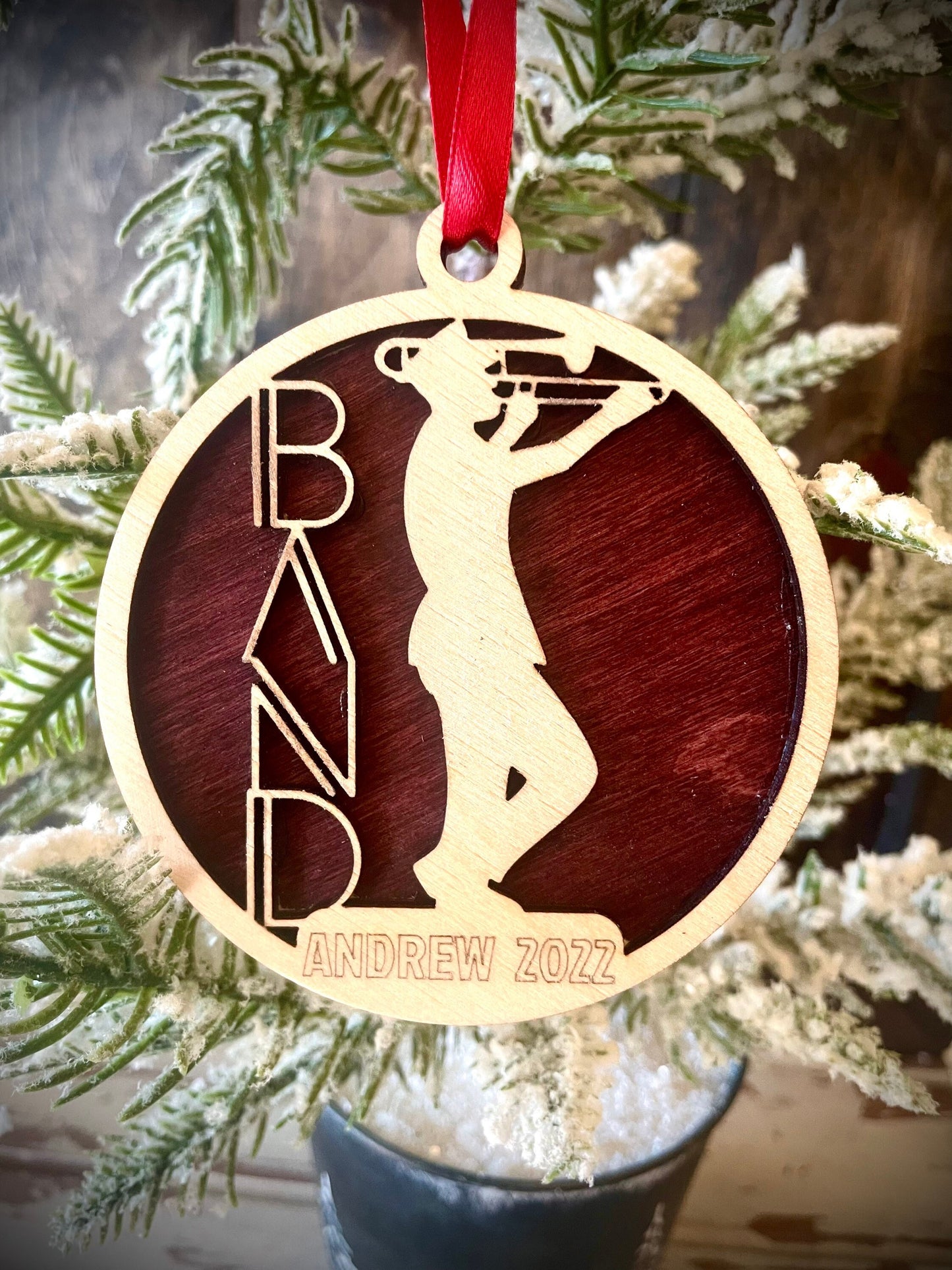Marching Band Trombone Player Personalized 2-Layer Wood Christmas Ornament & Gift Tag | Multiple Finishes | Music Gift (#7)