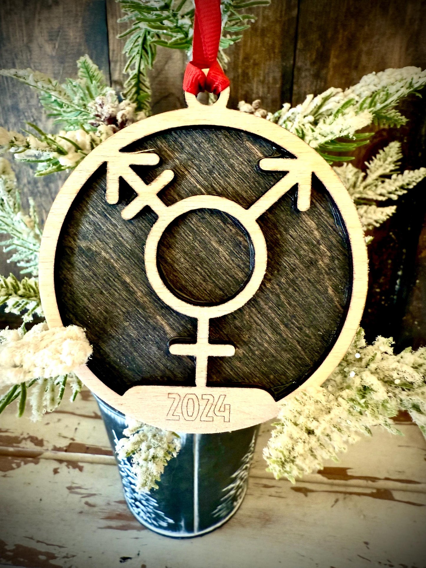 Transgender Symbol Personalized 2-Layer Wood Christmas Ornament & Gift Tag | Multiple Finishes | Pride Gift