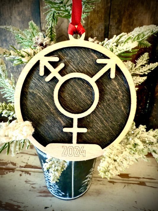 Transgender Symbol Personalized 2-Layer Wood Christmas Ornament & Gift Tag | Multiple Finishes | Pride Gift