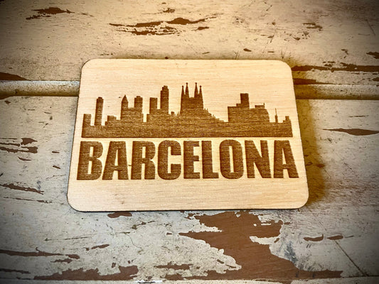 Barcelona Skyline Wood Magnet | City Souvenir | 3.5" x 2.5"