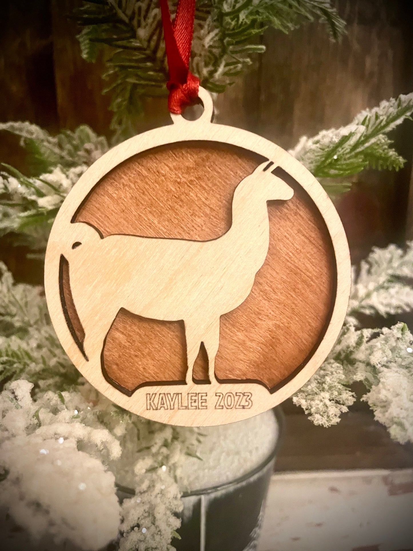 Llama Personalized 2-Layer Wood Christmas Ornament & Gift Tag | Multiple Finishes | Animal Lover Gift