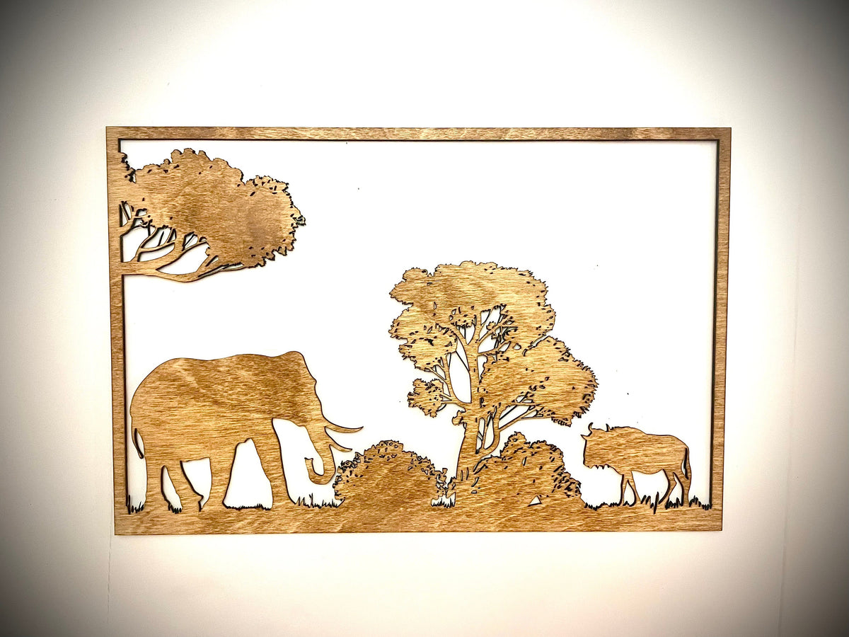 African & Jungle Wildlife Wood Wall Art | Elephant, Lion & Giraffe at Tree of Life | 3-Panel Set | Multiple Finishes