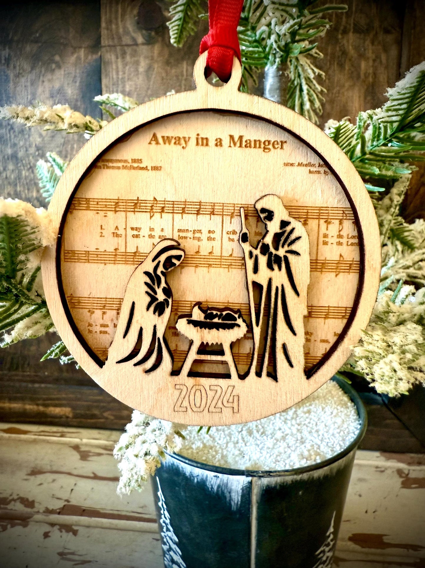 Away in a Manger with Sheet Music Personalized 2-Layer Wood Christmas Ornament & Gift Tag | Religious Gift