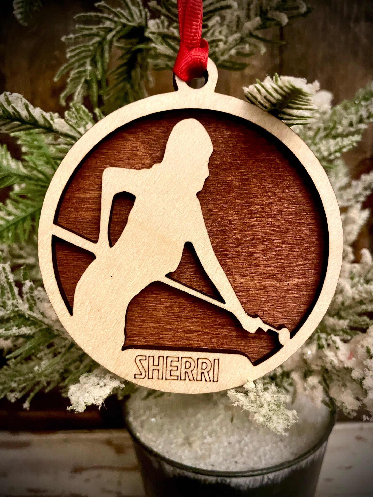 Female Pool Player Billiards Personalized 2-Layer Wood Christmas Ornament & Gift Tag | Multiple Finishes | Billiards Gift