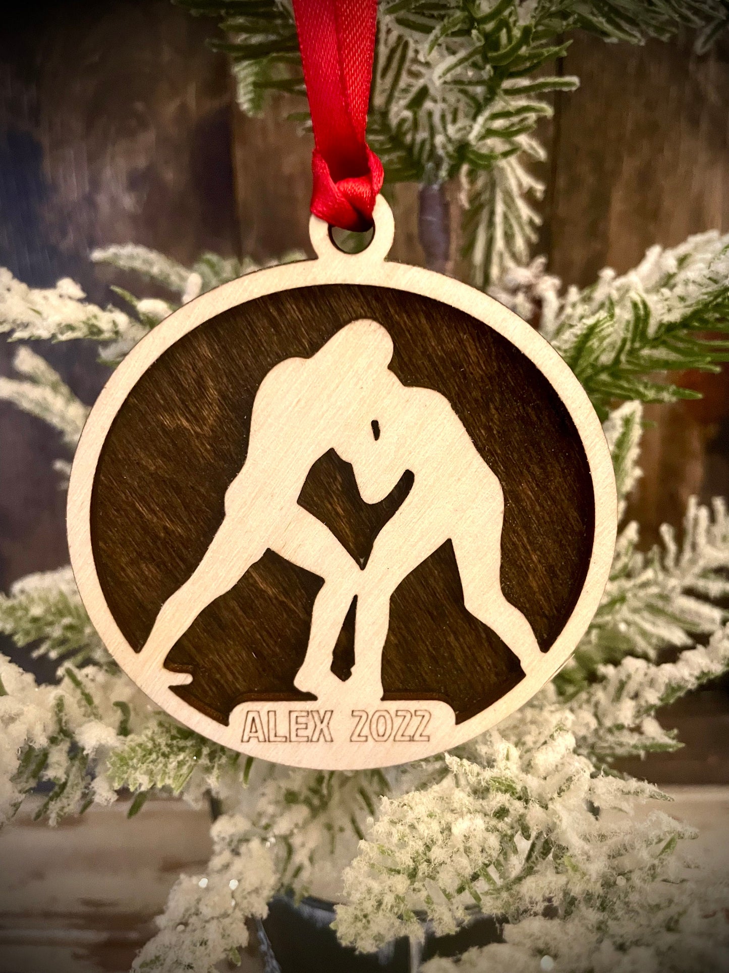 Wrestler Personalized 2-Layer Wood Christmas Ornament & Gift Tag | Multiple Finishes | Wrestling Gift (#4)