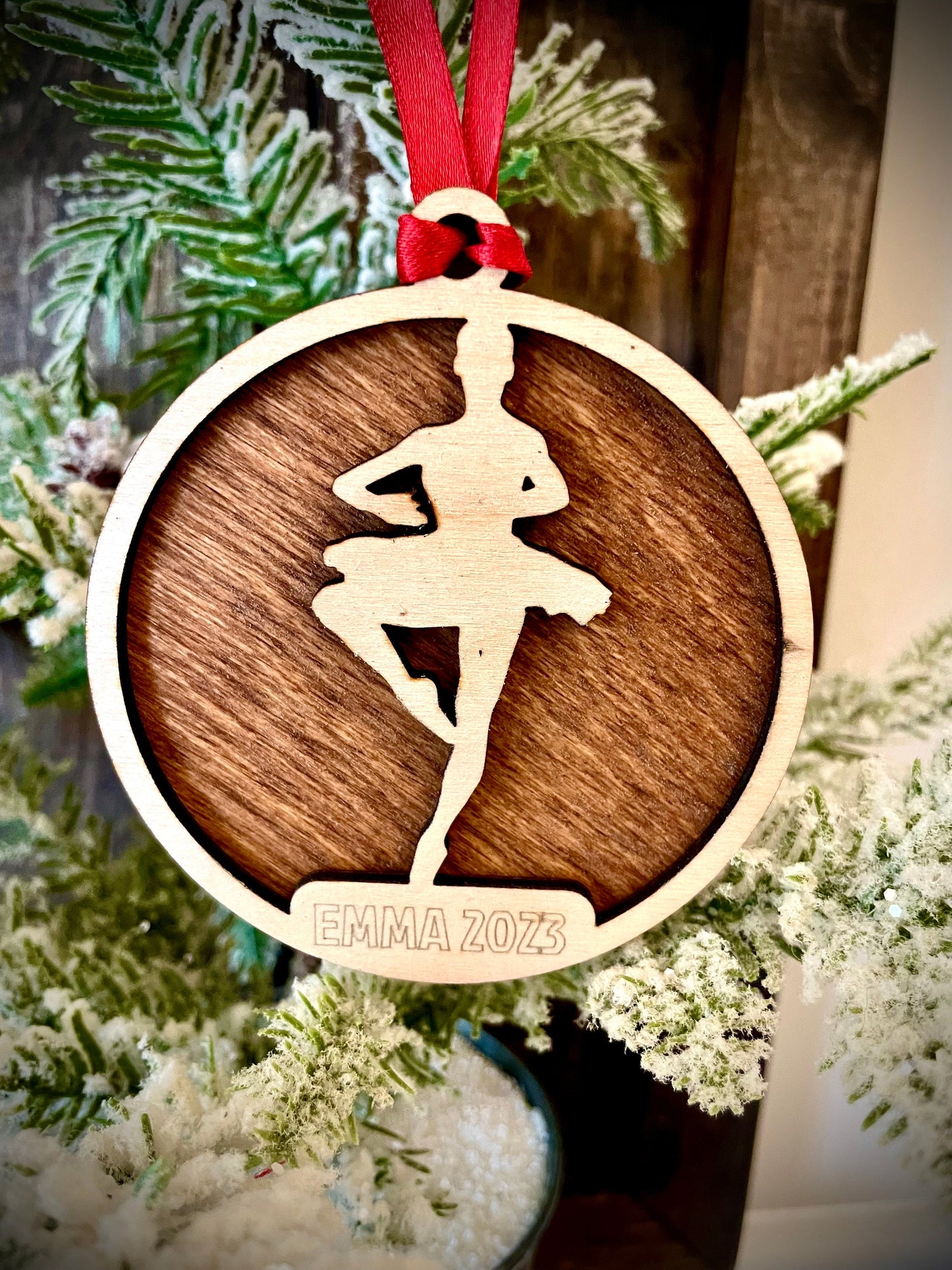 Ballet / Dance 2-layer personalized laser cut wood Christmas ornament, gift tag available unfinished or stained (version 13 of 15)