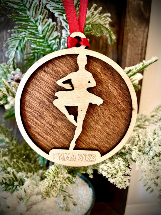 Ballet / Dance 2-layer personalized laser cut wood Christmas ornament, gift tag available unfinished or stained (version 13 of 15)