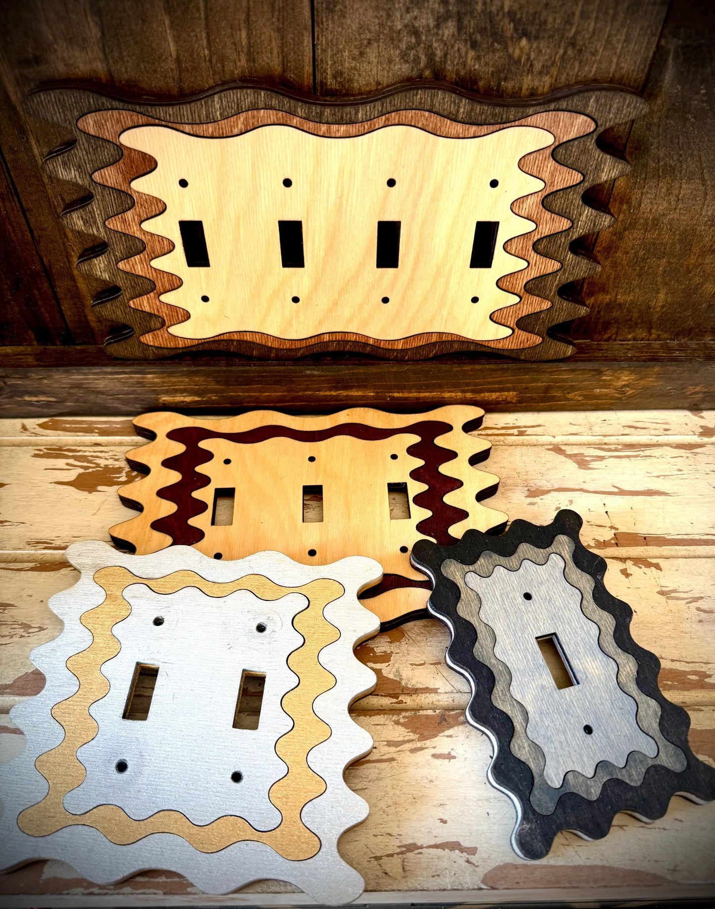 Triple Ripple Edge Wood Inlay Light Switch & Outlet Cover | Multiple Configurations