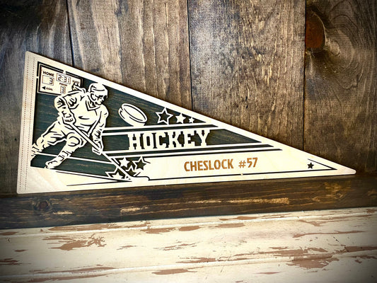 Custom Female Hockey Player Wood Pennant | Name & Number Engraved | 12 Finishes
