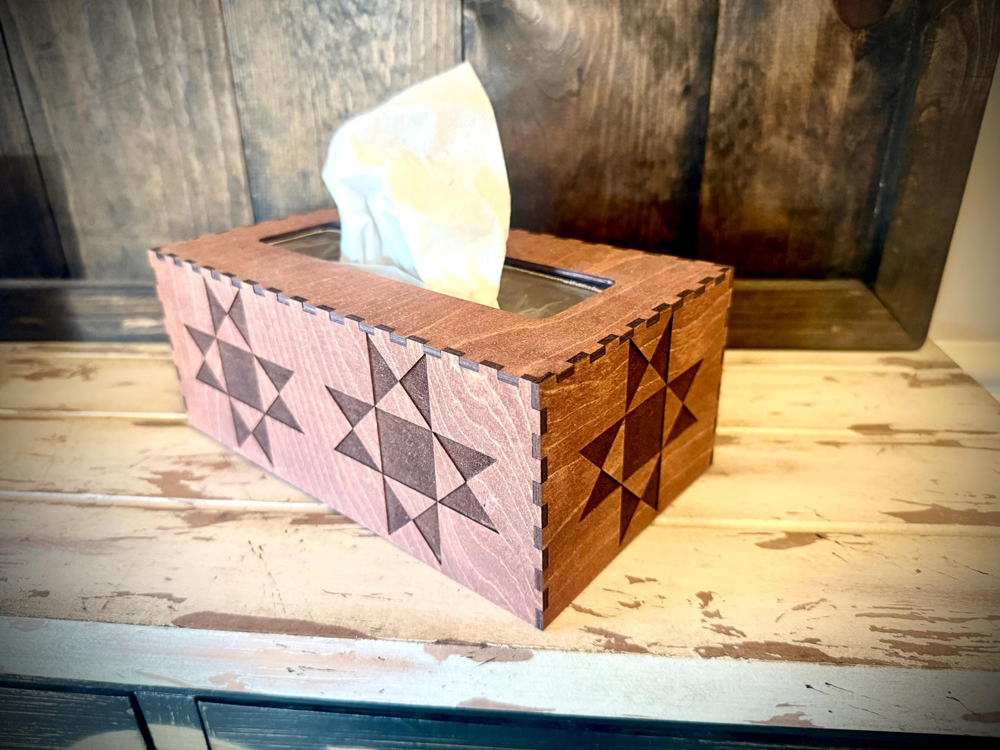 Quilt Pattern Engraved Wood Tissue Box Cover | Square, Oblong & Costco Sizes | 12 Finishes