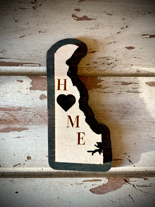 Delaware HOME 2-Layer Wood Refrigerator Magnet | 12 Finishes | State Pride Gift