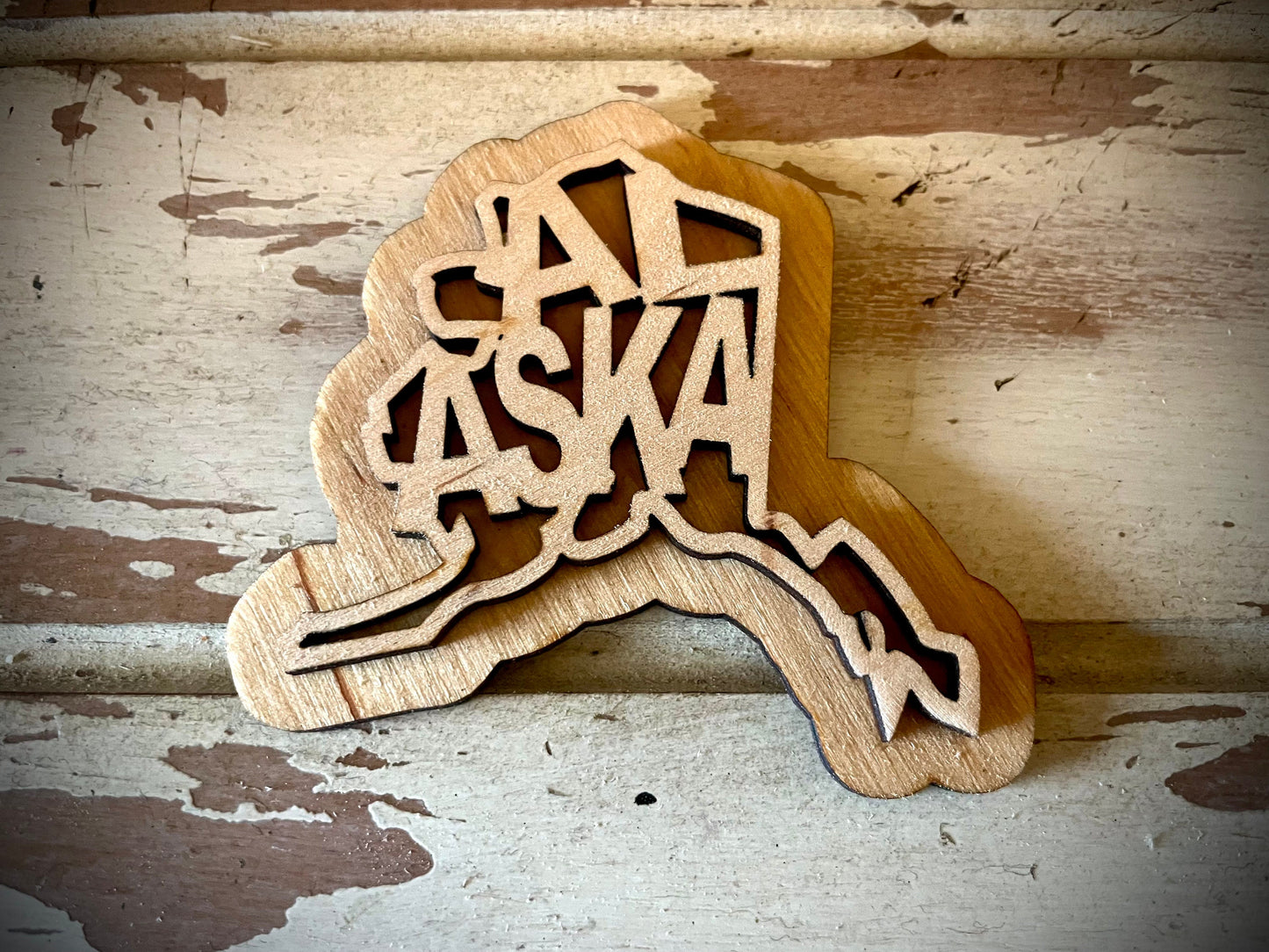 Alaska Word Art 2-Layer Wood Refrigerator Magnet | 12 Finishes | State Pride Gift