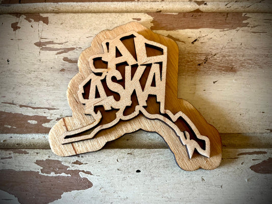 Alaska Word Art 2-Layer Wood Refrigerator Magnet | 12 Finishes | State Pride Gift