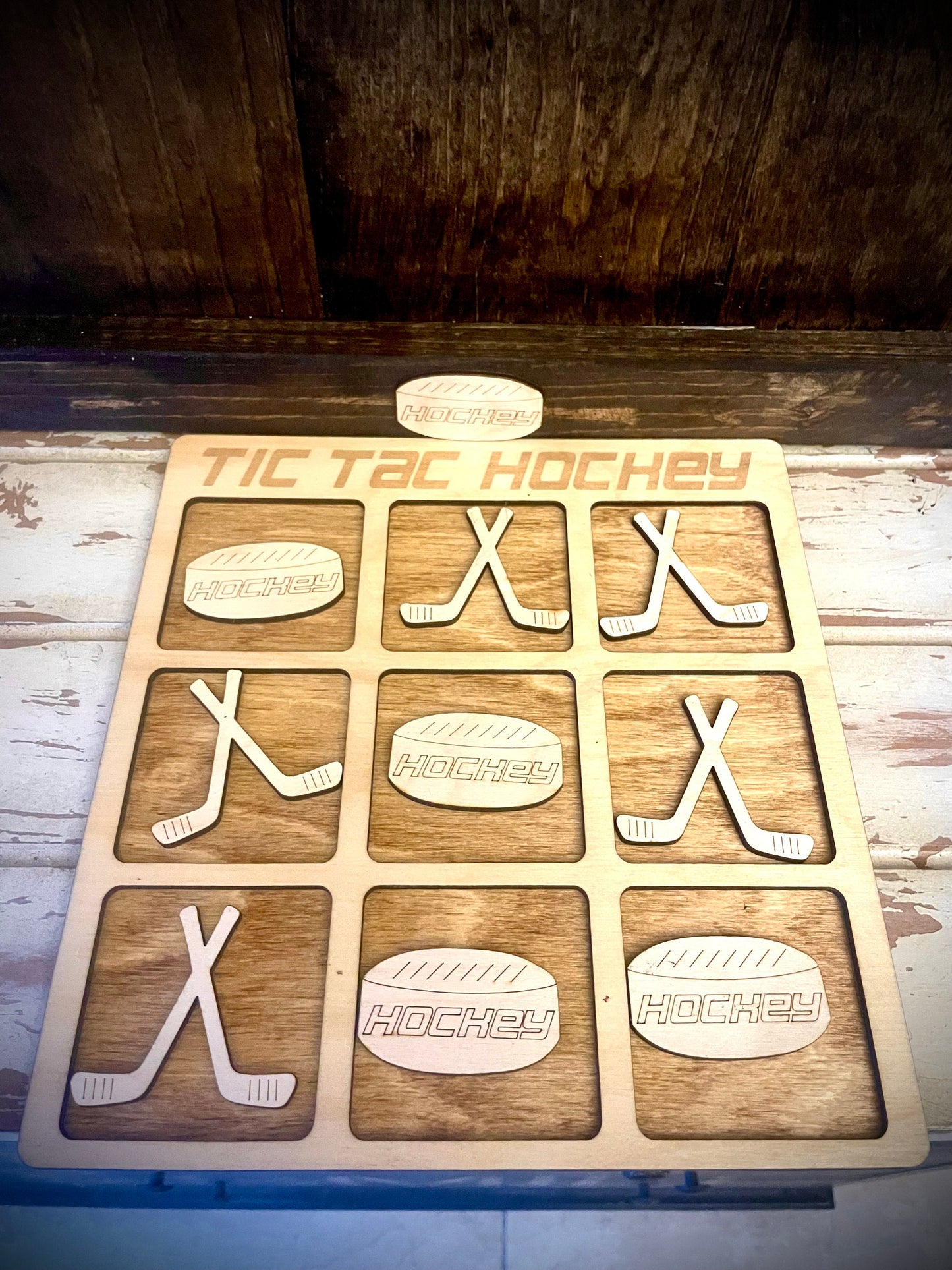 Tic Tac Hockey Wood Game | Laser Engraved | 12 Finishes | Hockey Gift