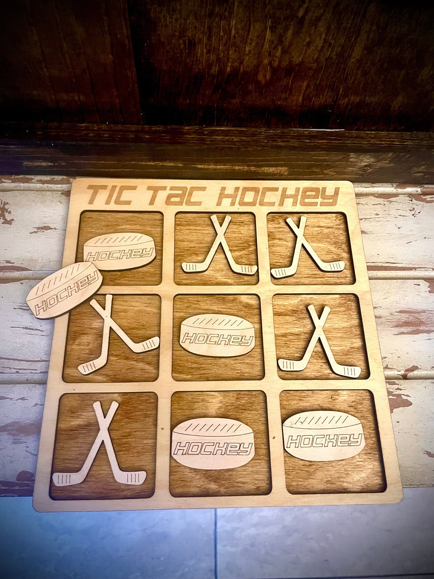 Tic Tac Hockey Wood Game | Laser Engraved | 12 Finishes | Hockey Gift