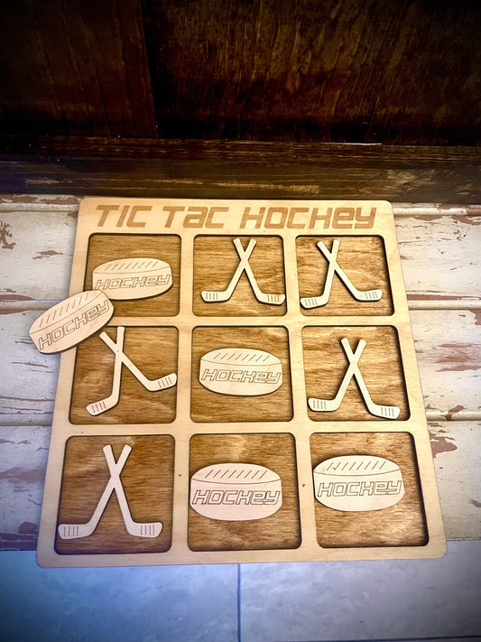 Tic Tac Hockey Wood Game | Laser Engraved | 12 Finishes | Hockey Gift