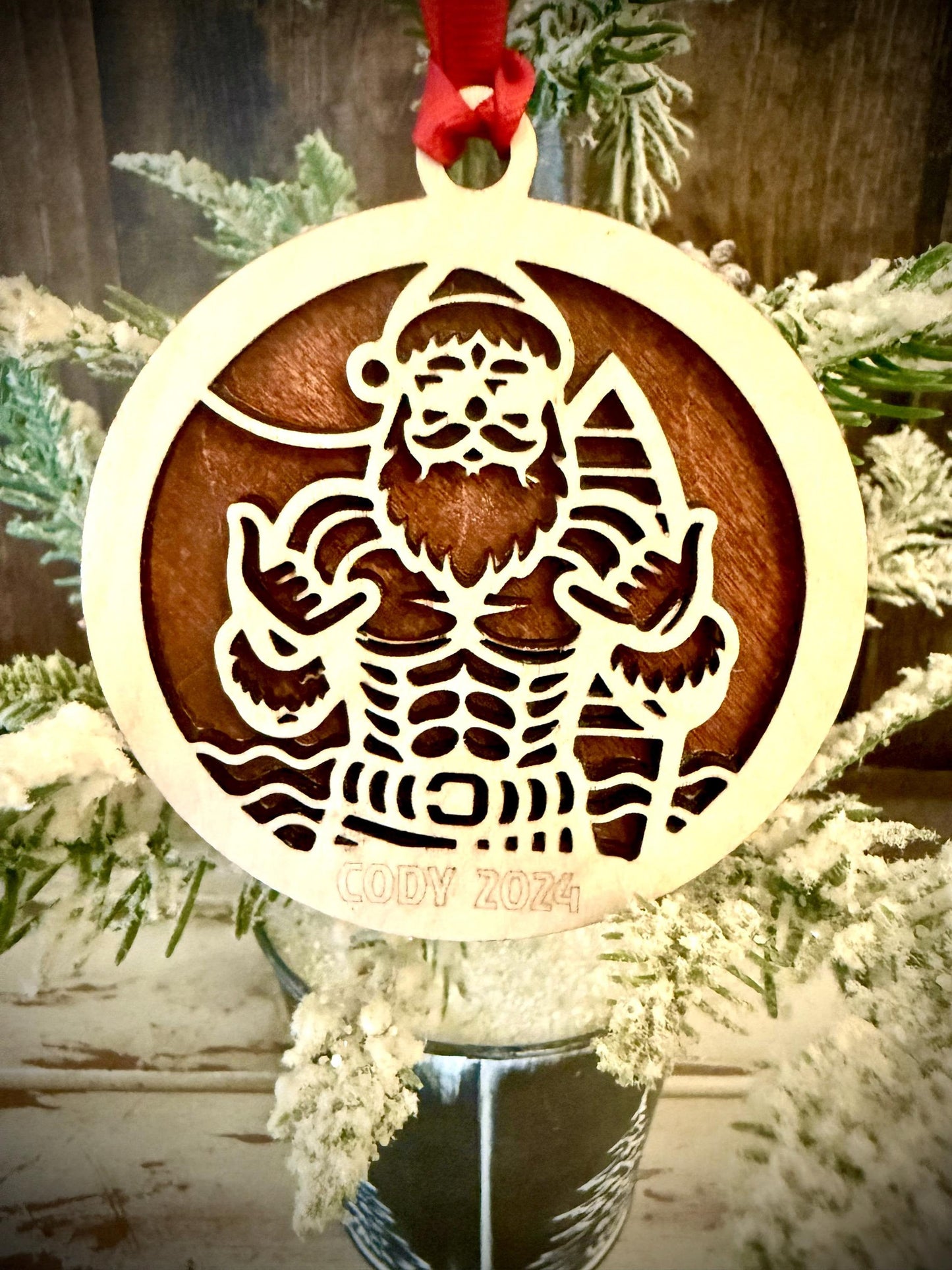 Santa Claus surfer surfing 2-layer personalized laser cut wood Christmas ornament, gift tag available unfinished or stained
