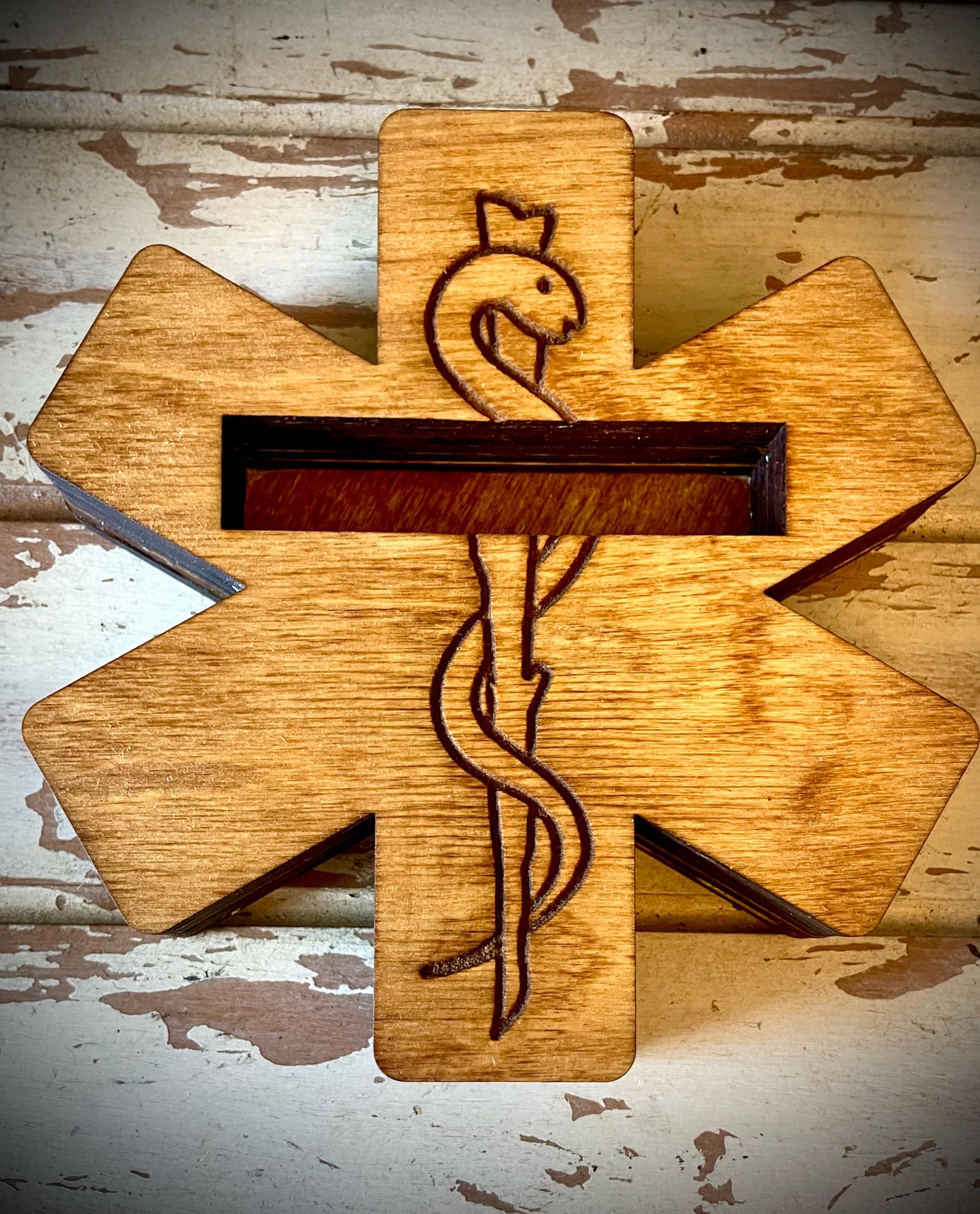 Star of Life Wood Business Card Holder | Medical Symbol | 12 Finishes