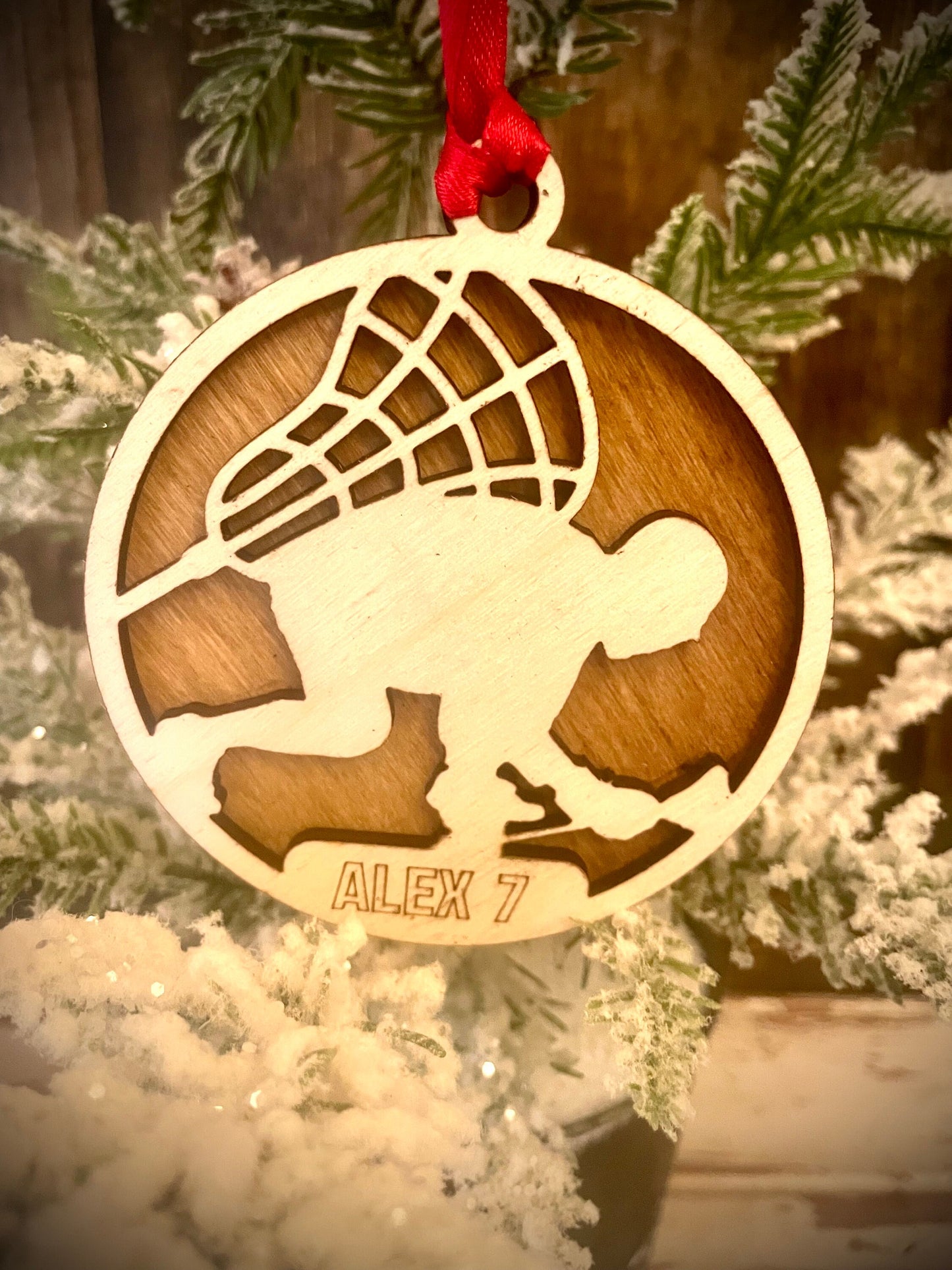 Lacrosse Player Personalized 2-Layer Wood Christmas Ornament & Gift Tag | Multiple Finishes | Lacrosse Gift (#13)
