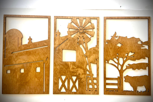Farm Scene with Cow & Barn Wood Wall Art 3-Panel Set - front view