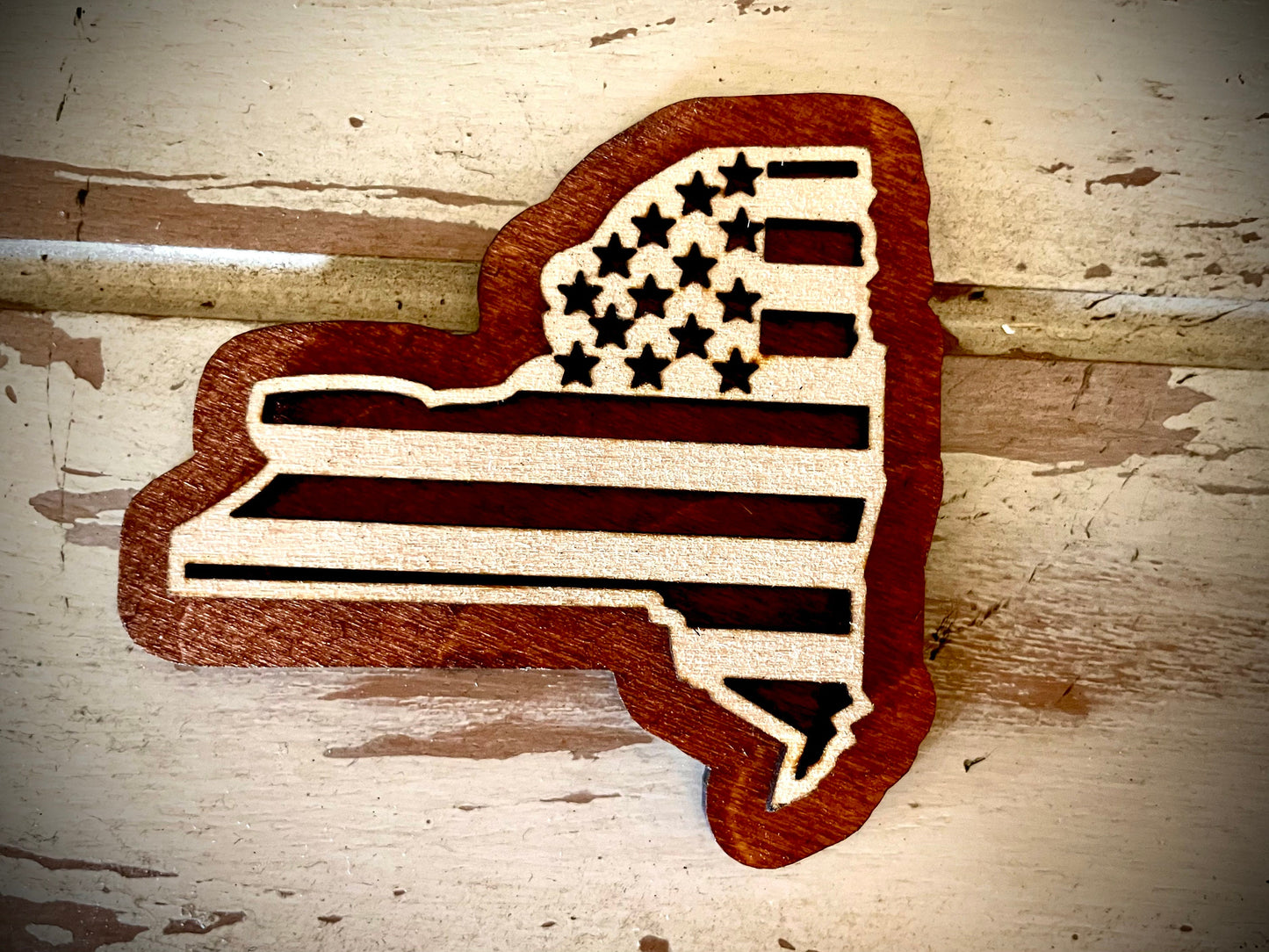 New York US Flag 2-Layer Wood Refrigerator Magnet | 12 Finishes | Patriotic Gift